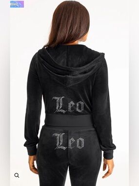 Juicy Couture Black Velour 'Leo' Rhinestone Hoodie & Pants Tracksuit Set—NWOT